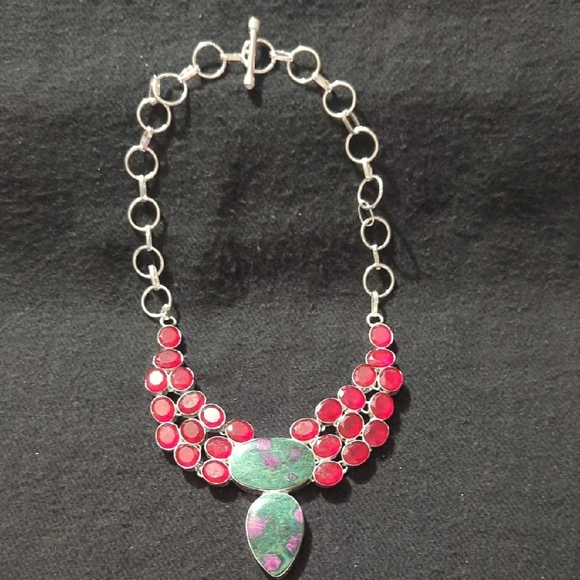 Silver Plated Green Pink Ruby Zoisite Gemstone Red Ruby Statement Necklace